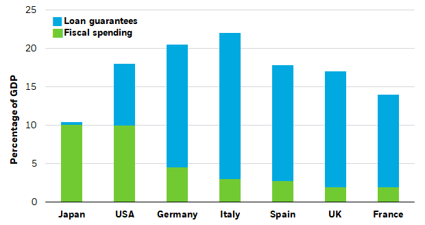Bar chart shows actual and expected fiscal spending measures and actual loan guarantees across selected developed market economies