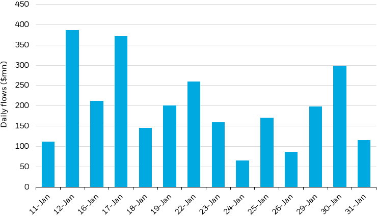 Bar chart depicting daily inflows for IBIT since inception date on January 11, 2024.
