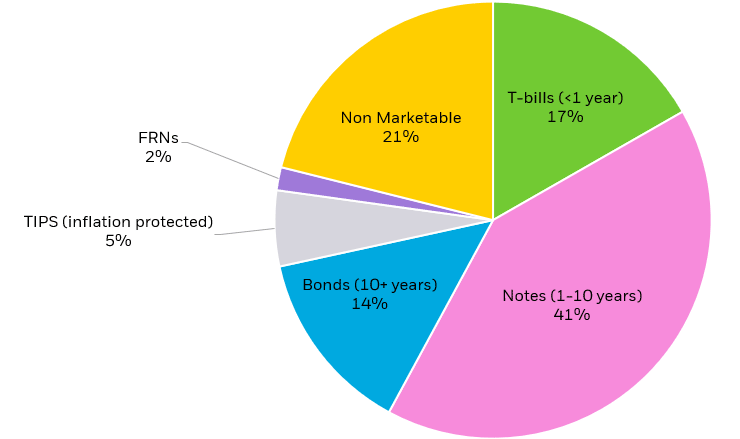 Pie chart showing the types of U.S. government debt by market value.