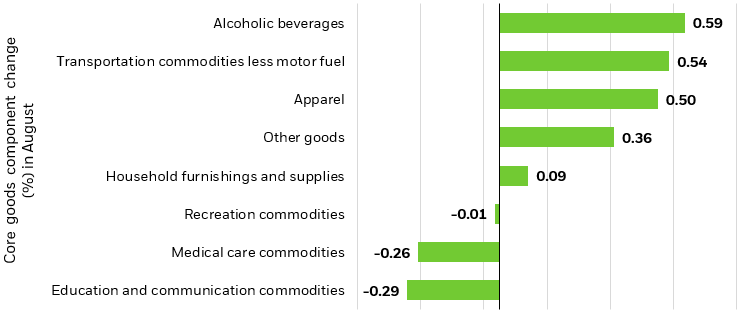 Line graph on the left hand side of annual CPI change for core goods and core services from 2015 to 2025.