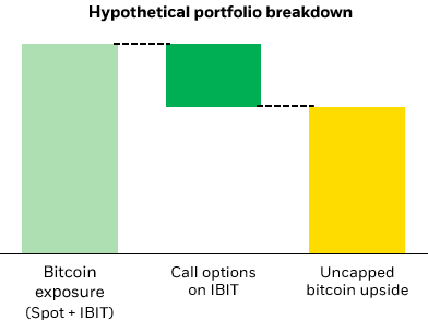Chart shows BITA's portfolio uses long bitcoin & IBIT exposure plus an IBIT call option overwrite on about 30% of the fund's assets.