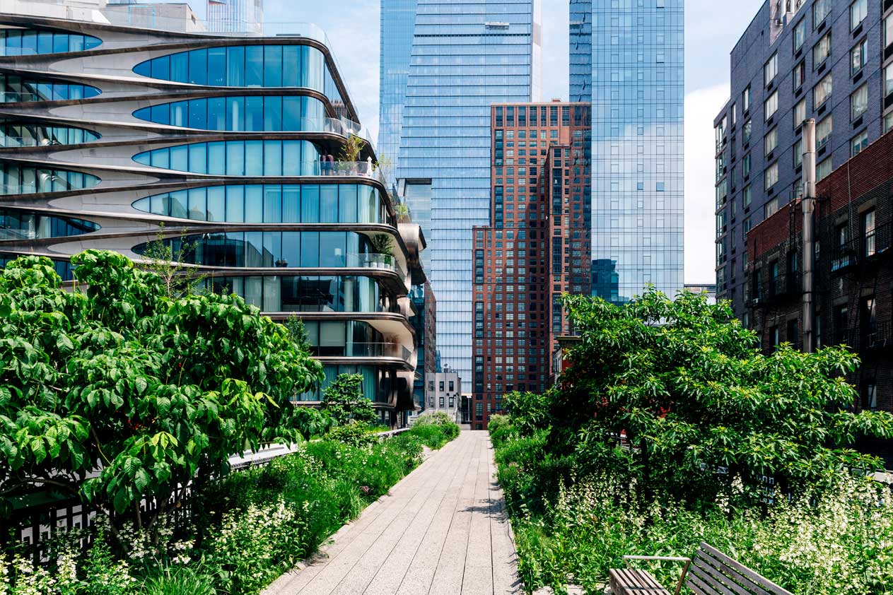 Passeggiata urbana sopraelevata fiancheggiata da vegetazione, che corre tra edifici moderni in vetro e strutture in mattoni più antiche in un contesto cittadino.