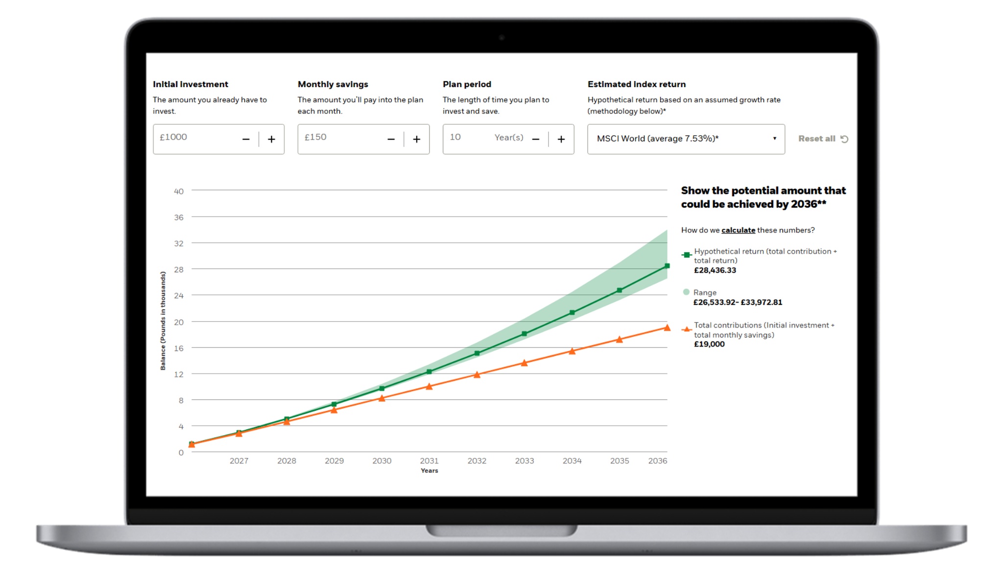 Laptop screen displaying an ETF savings plan calculator