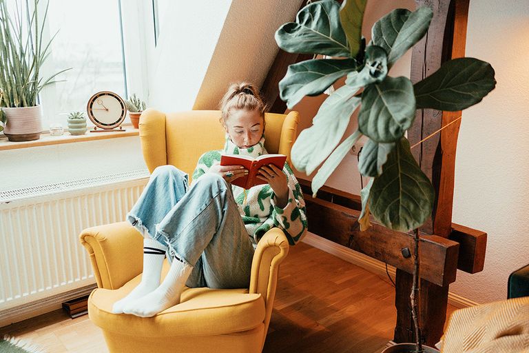 Eine Frau liest ein Buch.