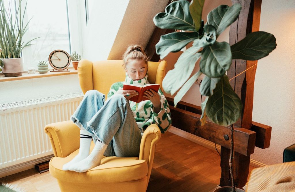 Person sitting in a yellow armchair reading a book by a window, with indoor plants and a clock on a bright windowsill.