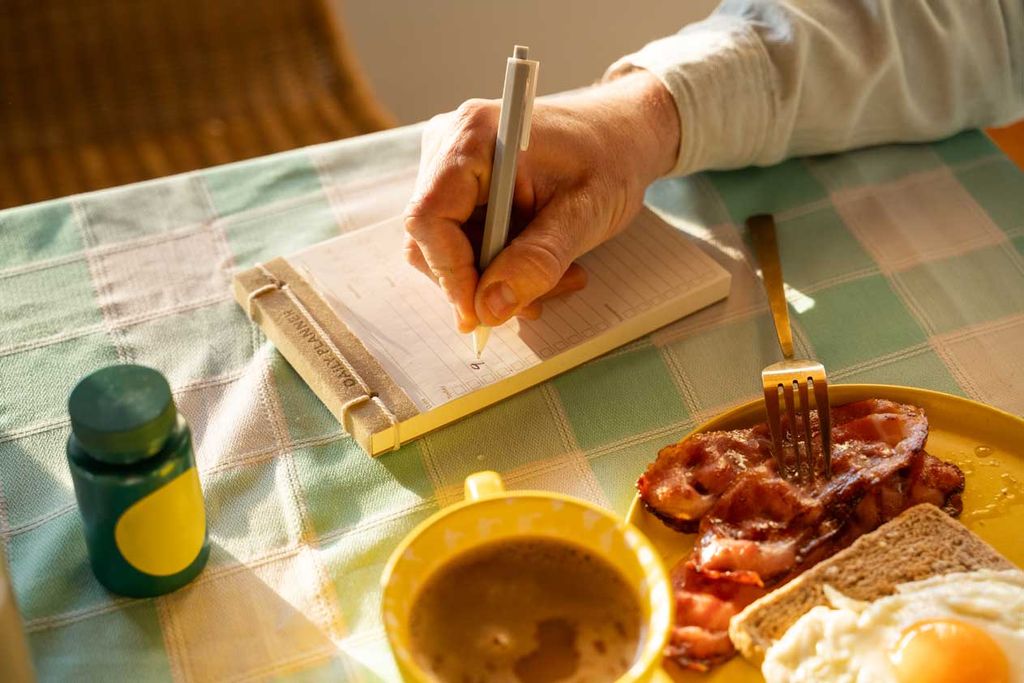 Hand writing a checklist beside a breakfast plate and coffee.